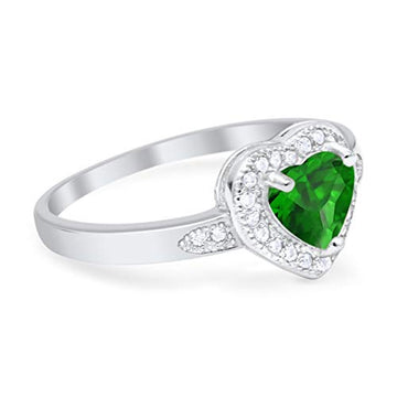Halo Heart Promise Ring Round Simulated Green Emerald CZ 925 Sterling Silver